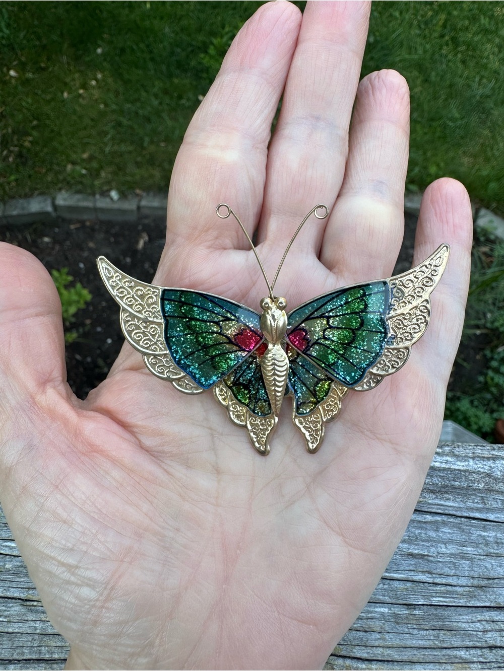 Vintage Metal Glitter Butterfly Pin Green Gold Brooch with Pink Accents 70’s